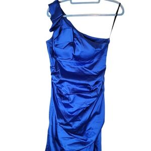 Royal Blue One Shoulder Ruched Satin Formal Sheath Dress Size 10 Vtg Roulette